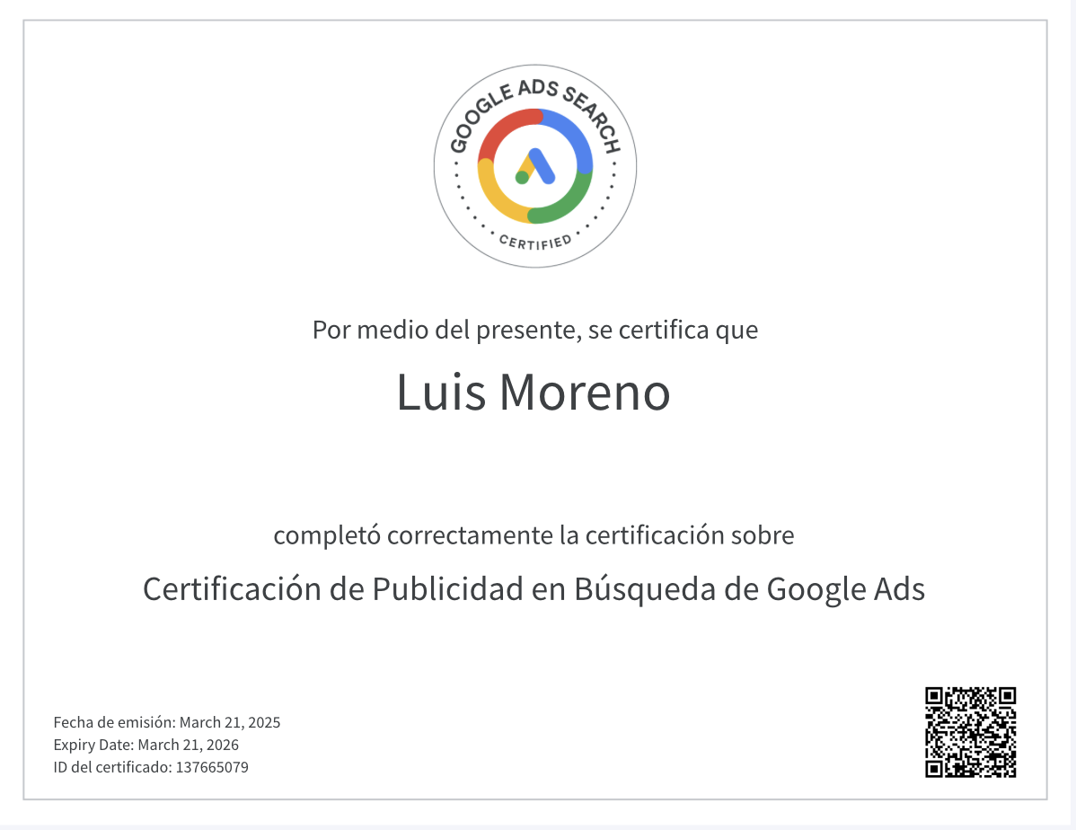 Certificado de publicidad de búsqueda en Google Ads